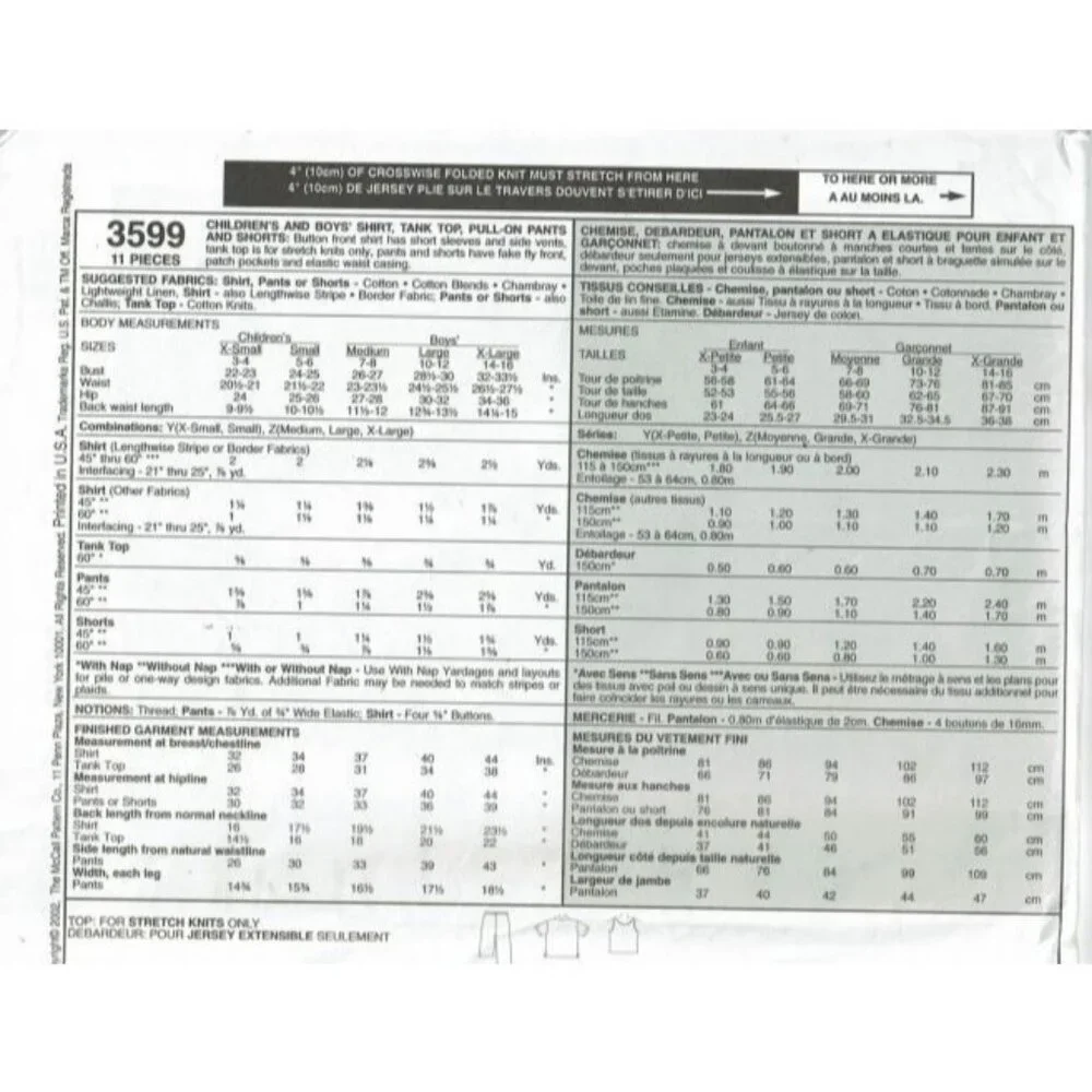McCall's Sewing Pattern 3599 Camp Shirt Tank Top Pants‎ Shorts Boys M-XL